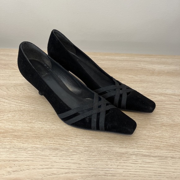 Stuart Weitzman Women's Size 5 M Black Suede Kitten Heels Cross Straps Spain - Picture 1 of 8